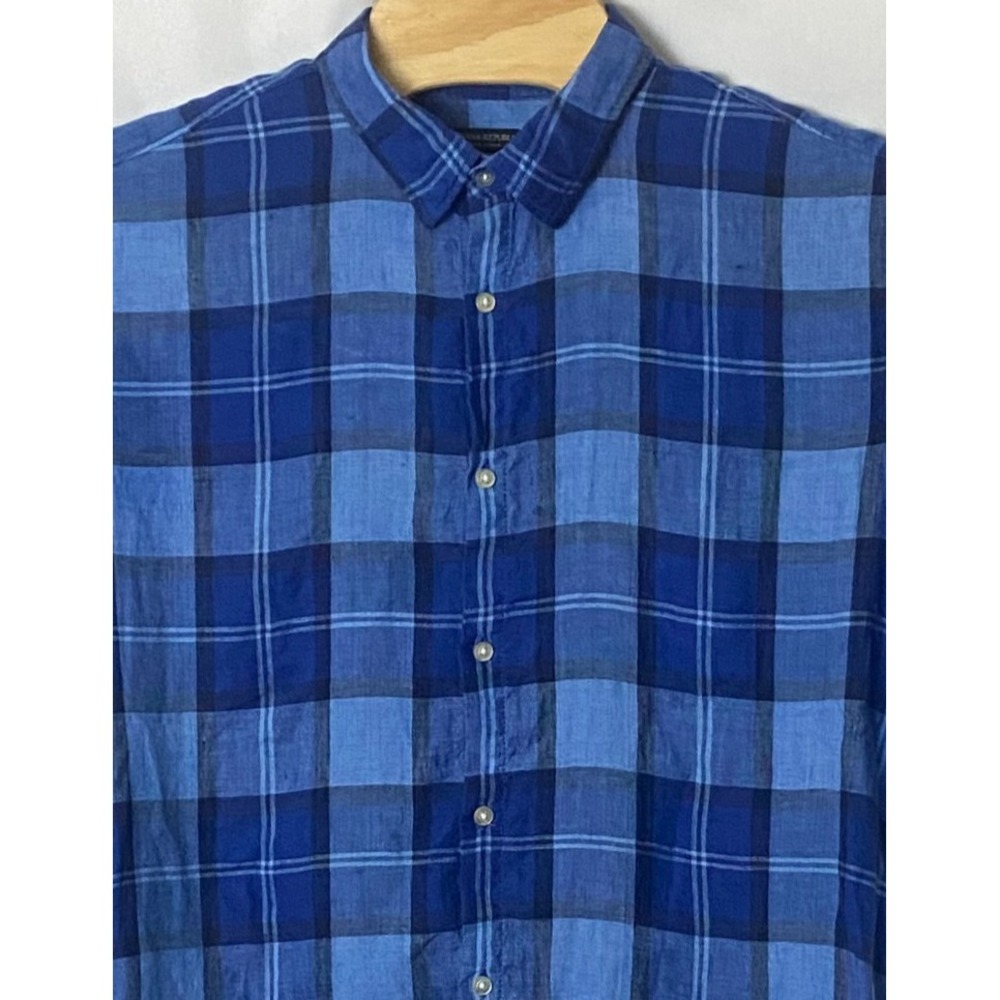Banana Republic Linen Blue Plaid Shirt Short Sleeve Camden Fit Button Up Sz XL